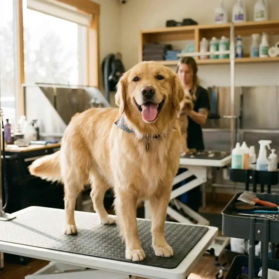 Golden retriever waiting on the grooming table in an independent salon