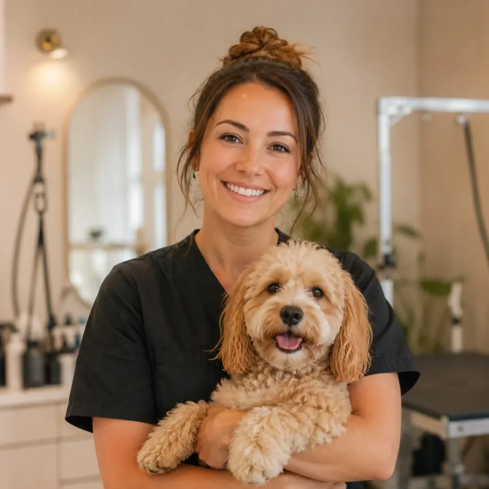 Smiling independent groomer in black scrubs holding a cream cockapoo in a bright grooming salon