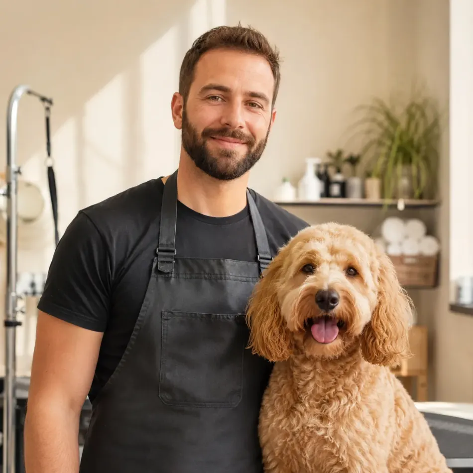Groomer in a black apron standing beside a freshly groomed apricot cockapoo in a sunlit salon