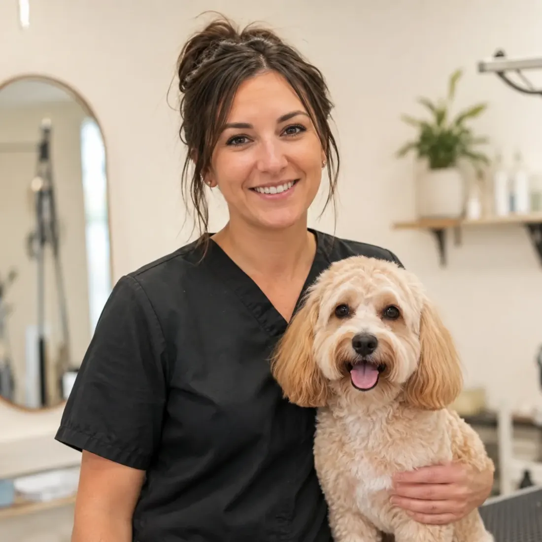 Independent groomer holding a groomed cockapoo beside the grooming table in her salon