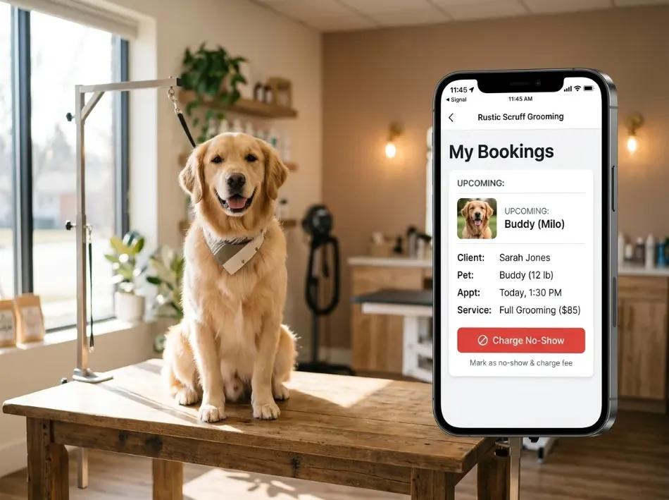 SmartGroom booking record on a phone beside a groomed dog, showing the charge no-show action